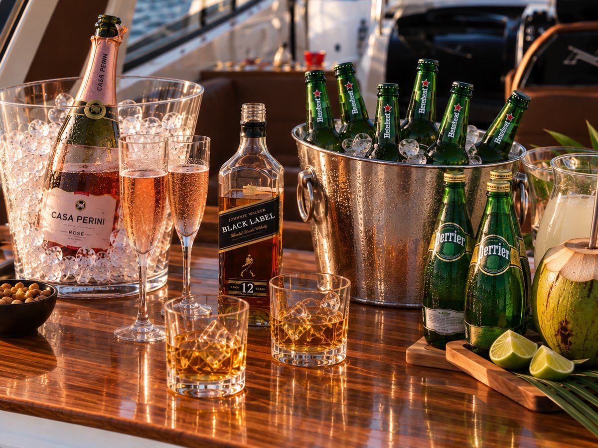 Bebidas geladas a bordo: espumante, whisky, cervejas, água com gás e água de coco